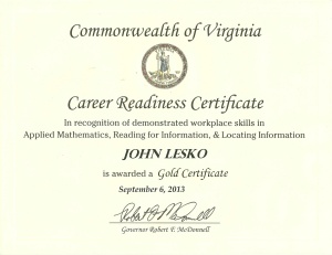 I hope this certificate isn't discounted by Governor McDonnell's current legal troubles.